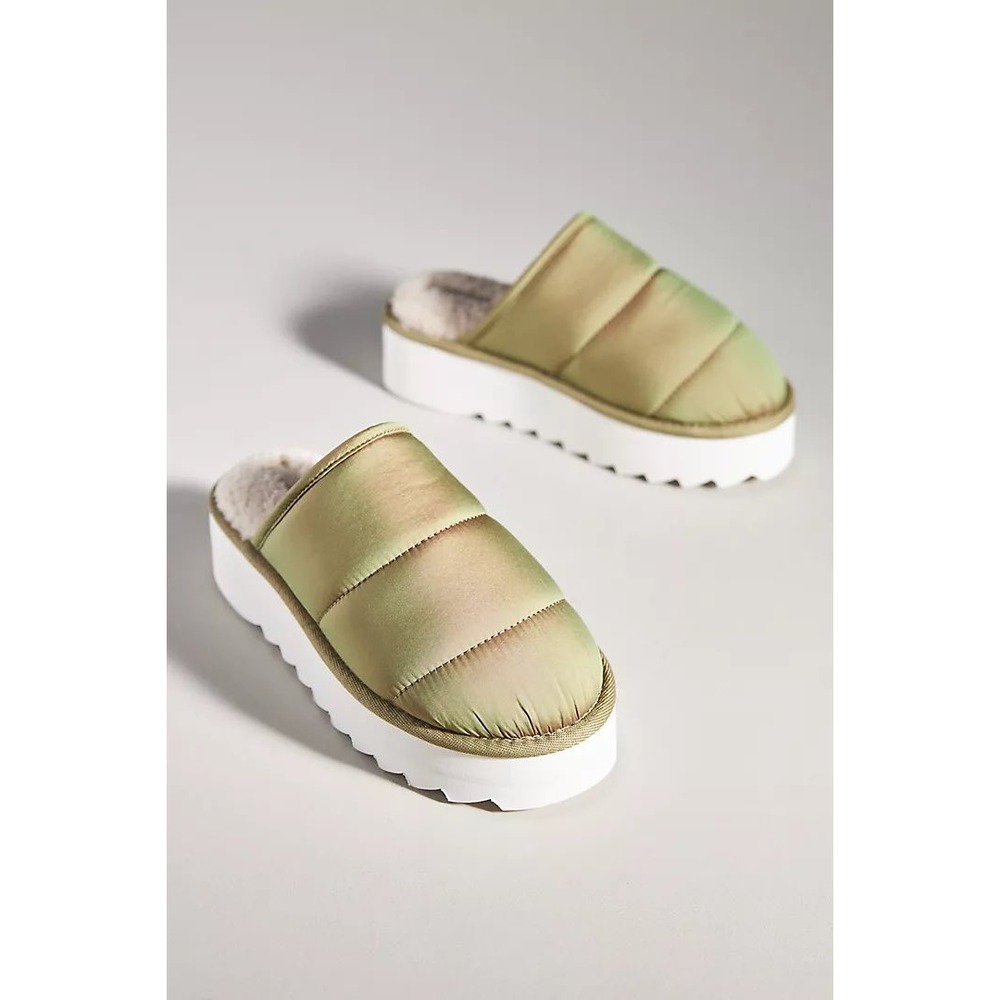Maeve Anthropologie Green Iridescent Puffy Platform Fleece Lined Slippers 10/11